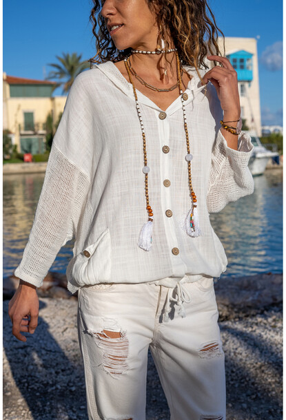 Ekru Yıkamalı Keten Fileli Bağlamalı Kapüşonlu Bluz GK-RSD2021 68 85