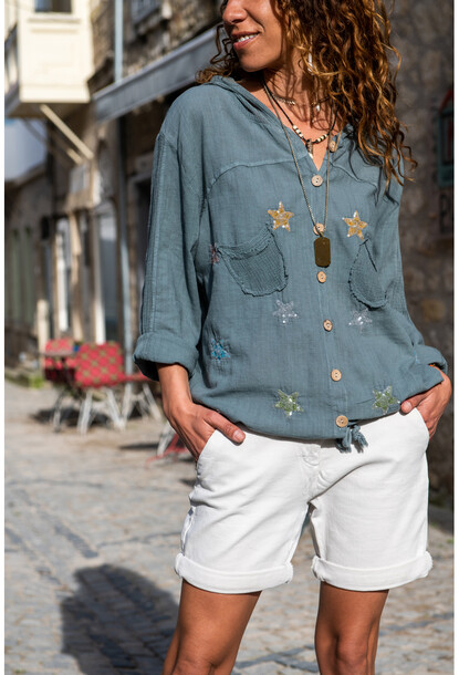 Gri Yıkamalı Keten Fileli Yıldız Pullu Kapüşonlu Bluz GK-RSD2046 71 61