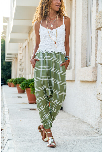 Women s Khaki Pocket Plaid Baggy Trousers GK BST2917