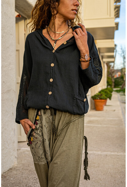 Siyah Yıkamalı Keten Fileli Bağlamalı Kapüşonlu Bluz GK-RSD2021 68 85
