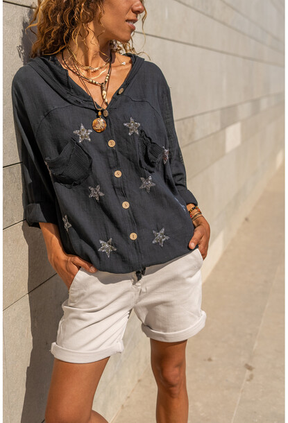 Siyah Yıkamalı Keten Fileli Yıldız Pullu Kapüşonlu Bluz GK-RSD2046 71 61