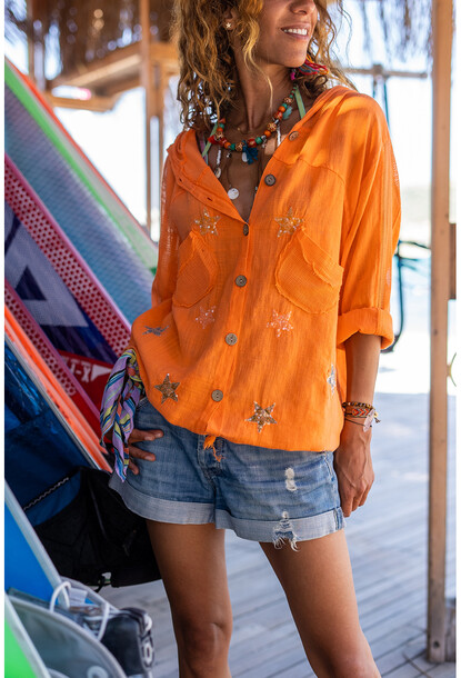 Turuncu Yıkamalı Keten Fileli Yıldız Pullu Kapüşonlu Bluz GK-RSD2046 71 61