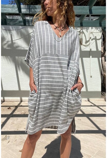 Kırmızı Antrasit Keten V Yaka Asimetrik Çizgili Cepli Salaş Elbise Bst3340 96 75