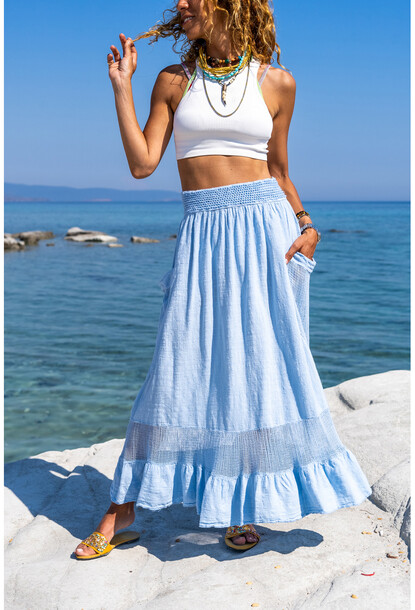 Women s Bebe Blue Washed Linen Waist Gipe Elastic Mesh Detailed