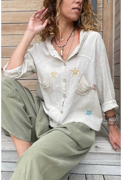 Bej Yıkamalı Keten Fileli Yıldız Pullu Kapüşonlu Bluz Gk-rsd2046 71 61