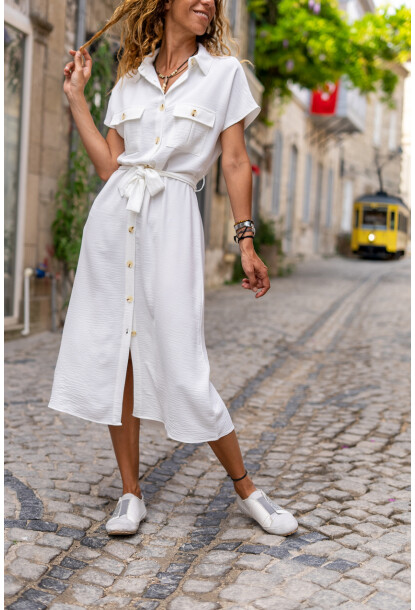 Kadın Beyaz Cepli Kemerli Safari Airobin Elbise Bstk4045