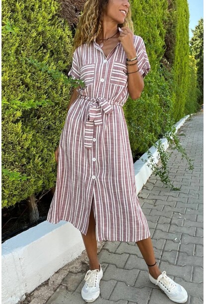 Bordo Keten Kendinden Kemerli Cepli Kısa Kol Gömlek Elbise Bst3434