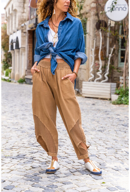 Bronz Beli Lastikli Paçası Düğmeli Fileli Keten Şalvar Pantolon Rsd3038 96 59