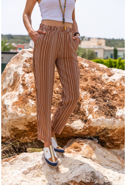 Bronz Duble Paça Çizgili Dokulu Pantolon Bst3277