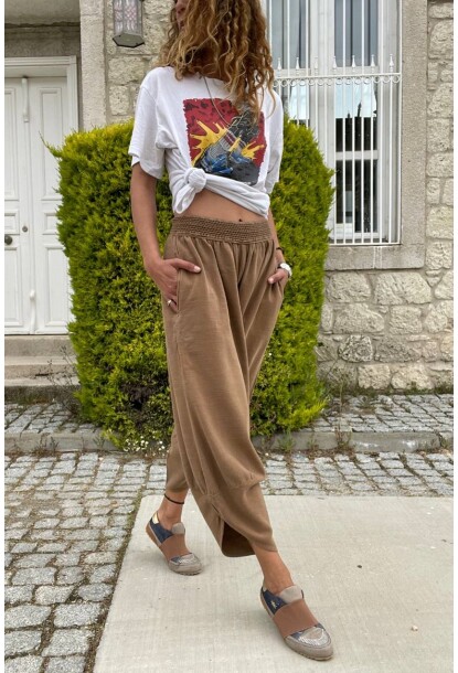 Bronz Yıkamalı Keten Cepli Beli Lastikli Şalvar Pantolon Rsd58048