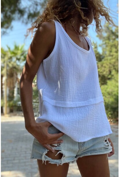 Ekru Müslin Pis Dikiş Askılı Parçalı Salaş Bluz Bst3423