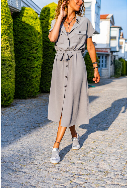 Gri Cepli Kemerli Safari Aerobin Elbise Bstk4045 115 45
