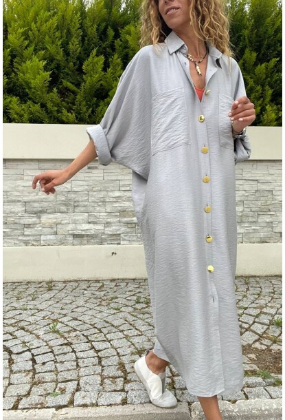Kadın Gri Keten Yarasa Kol Salaş Cepli Gömlek Elbise Bst3282