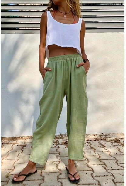 Haki Müslin Beli Lastikli Cepli Salaş Pantolon Bst3416