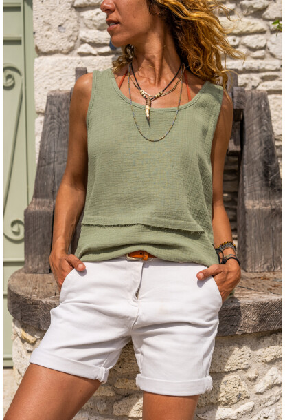 Haki Müslin Pis Dikiş Askılı Parçalı Salaş Bluz Bst3423