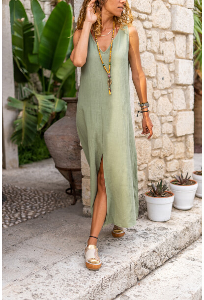 Haki Müslin V Yaka Önden Yırtmaçlı Uzun Salaş Elbise Bst3419