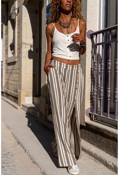 Women's Khaki Washed Linen Slit Striped Waist Elastic Buttoned Loose  Trousers Rsd3022