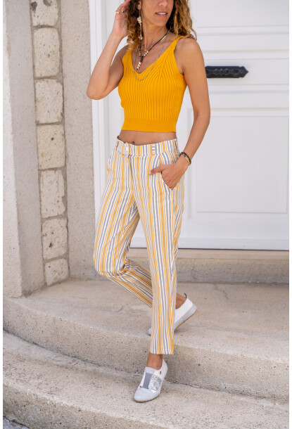 Hardal Keten Cepli Düğmeli Boru Paça Havuç Pantolon BST3394