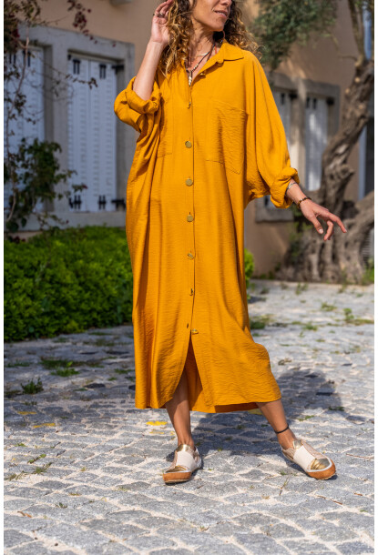 Hardal Keten Yarasa Kol Salaş Cepli Gömlek Elbise Bst3282