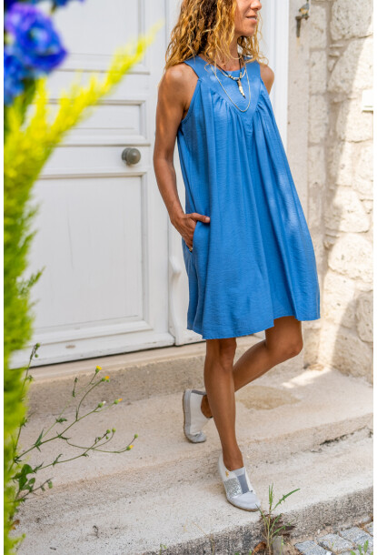 İndigo Keten A Kesim Cepli Pliseli Salaş Elbise Bst3429