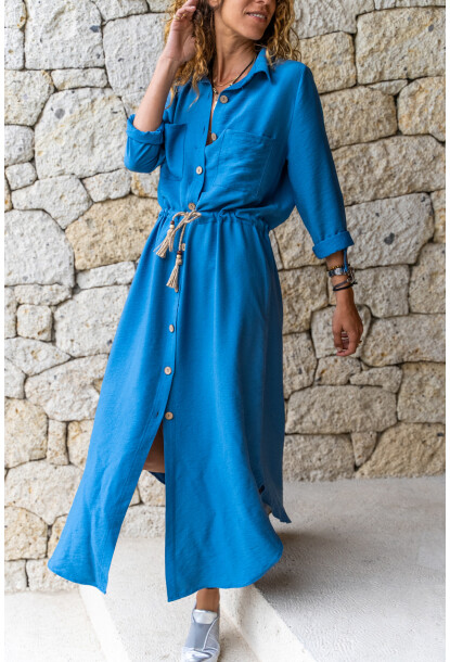 Kadın İndigo Keten Beli Büzgülü Hasır Kemerli Gömlek Elbise Gk-Bst2837