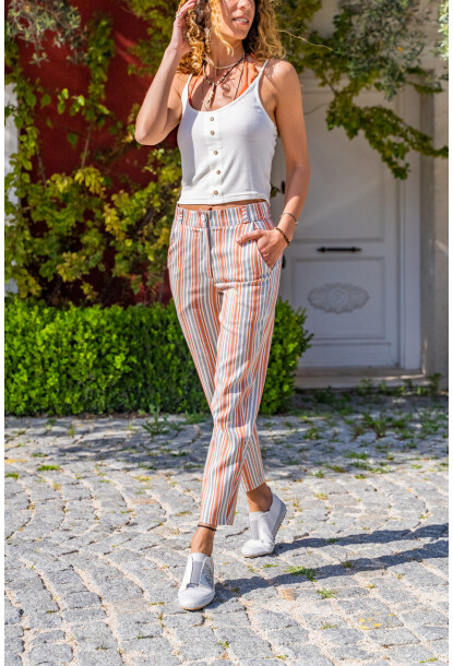 Kiremit Keten Cepli Düğmeli Boru Paça Havuç Pantolon Bst3394