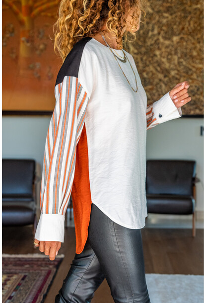 Kadın Kiremit Keten Multi Garnili Color Block Salaş Bluz Bst3314