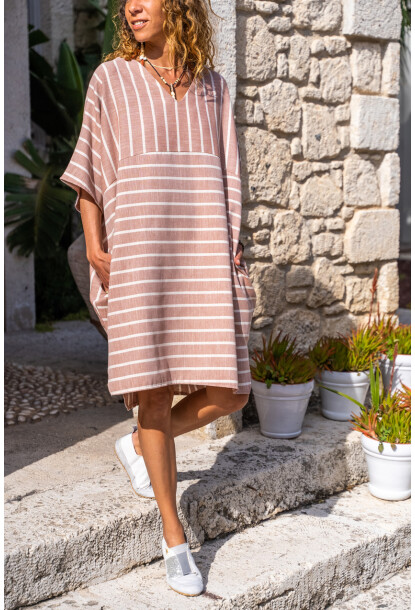 Bordo Keten V Yaka Asimetrik Çizgili Cepli Salaş Elbise Bst3340