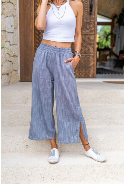 Lacivert Keten Beli Lastikli Cepli Paçası Yırtmaçlı Salaş Kapri Pantolon Bst3404