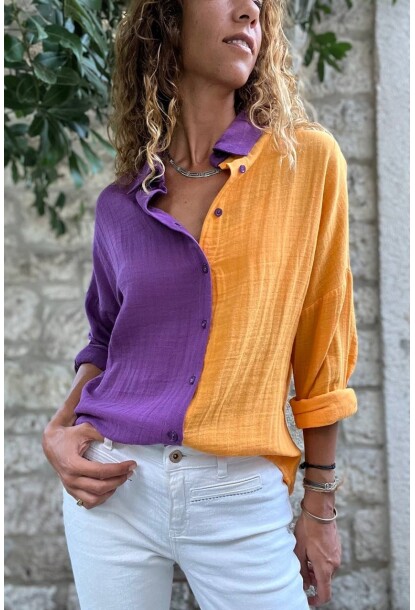 Mor-Turuncu Müslin Color Block Salaş Gömlek Bst3458