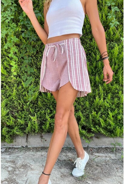 Pudra Keten Color Block Beli Lastikli Bağlamalı Yanı Yırtmaçlı Şort Bst3435