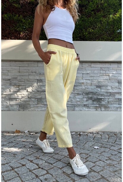 Sarı Müslin Beli Lastikli Cepli Salaş Pantolon Bst3416