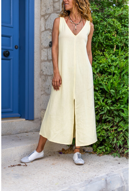 Kadın Sarı Müslin V Yaka Önden Yırtmaçlı Uzun Salaş Elbise Bst3419