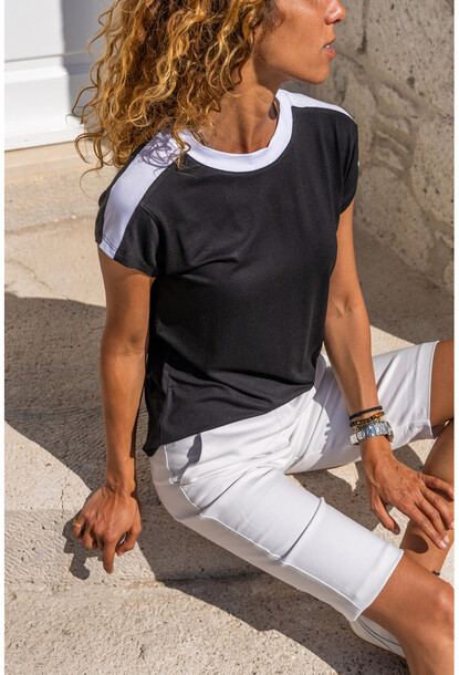 Siyah Color Block Omzu Garnili T-Shirt Bst3229