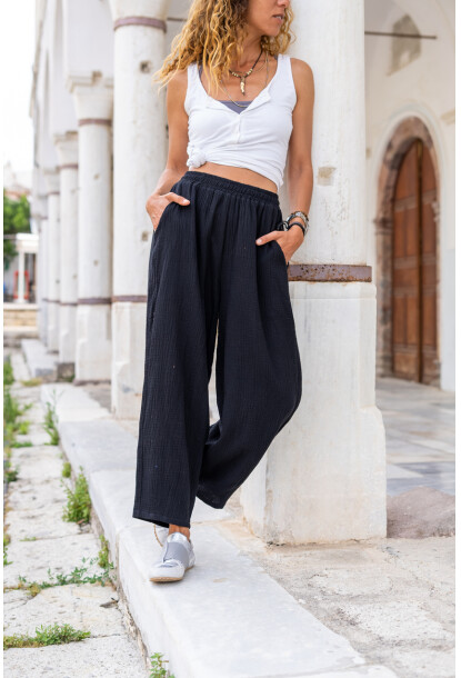 Siyah Müslin Beli Lastikli Cepli Salaş Pantolon Bst3416
