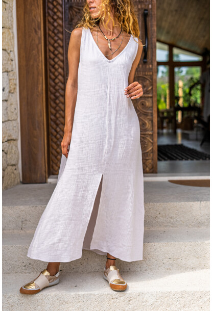 Kadın Taş Müslin V Yaka Önden Yırtmaçlı Uzun Salaş Elbise Bst3419