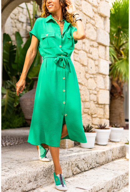 Kadın Yeşil Cepli Kemerli Safari Airobin Elbise Bstk4045