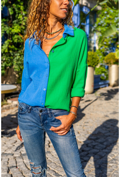 Yeşil-Saks Müslin Color Block Salaş Gömlek Bst3458