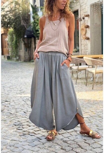 Antrasit Cepli Asimetrik Yumuşak Dokulu Düğmeli Paça Salaş Dokuma Pantolon 90 30