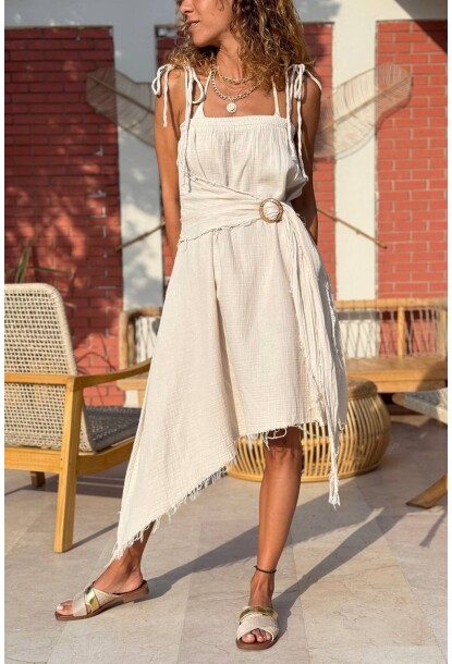 Bej Askılı Asimetrik Kendinden Kemerli Müslin Salaş Dokuma Etek Olabilen Elbise 85 60