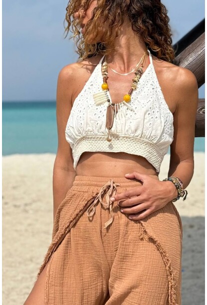 Bej Boyundan Bağlamalı Fistolu Crop Dokuma Büstiyer 40 35