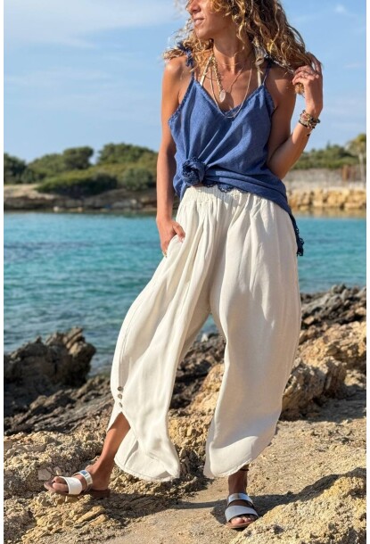 Bej Cepli Asimetrik Yumuşak Dokulu Düğmeli Paça Salaş Dokuma Pantolon 90 30