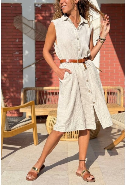 Bej Cepli Pamuklu Salaş Dokuma Gömlek Elbise 100 60