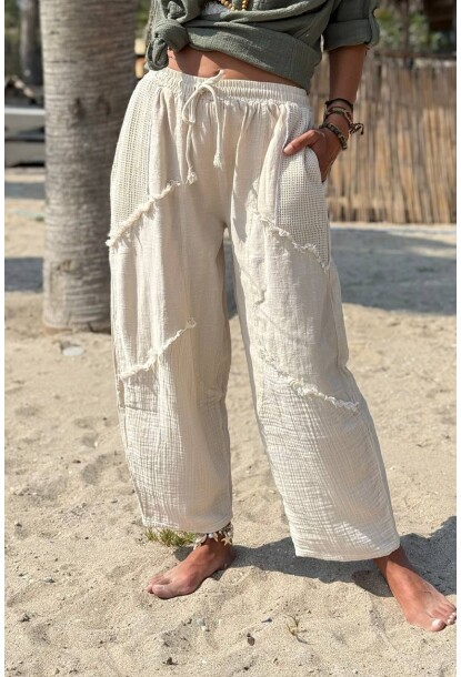 Bej Cepli Yıkamalı File Detaylı Pis Dikişli Şalvar Keten Karışımlı Salaş Dokuma Pantolon 85 30