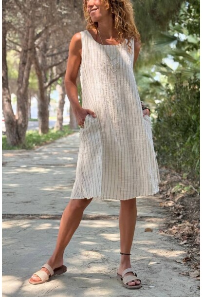 Bej-Haki Çizgili Cepli Astarlı Pamuklu A-Form Fit Dokuma Elbise 90 50