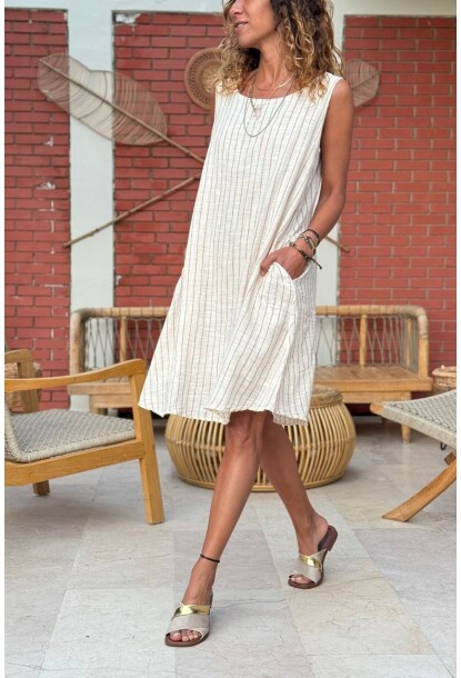 Bej-Kahve Çizgili Cepli Astarlı Pamuklu A-Form Fit Dokuma Elbise 90 50