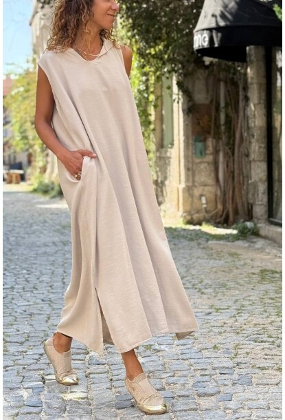 Bej Kapüşonlu Kolsuz Cepli Yırtmaçlı Pamuklu Salaş Dokuma Elbise 120 60