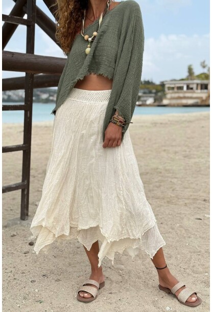 Bej Katlı Lastikli Bel Bürümcük Dokuma Kloş Etek 70 30