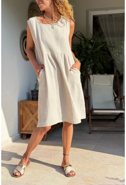 Bej Kolsuz Cepli Pamuklu A-Form Fit Dokuma Elbise 100 50