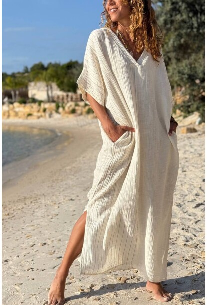 Bej V Yaka Cepli Bloklu Yırtmaçlı Salaş Dokuma Elbise 125 65